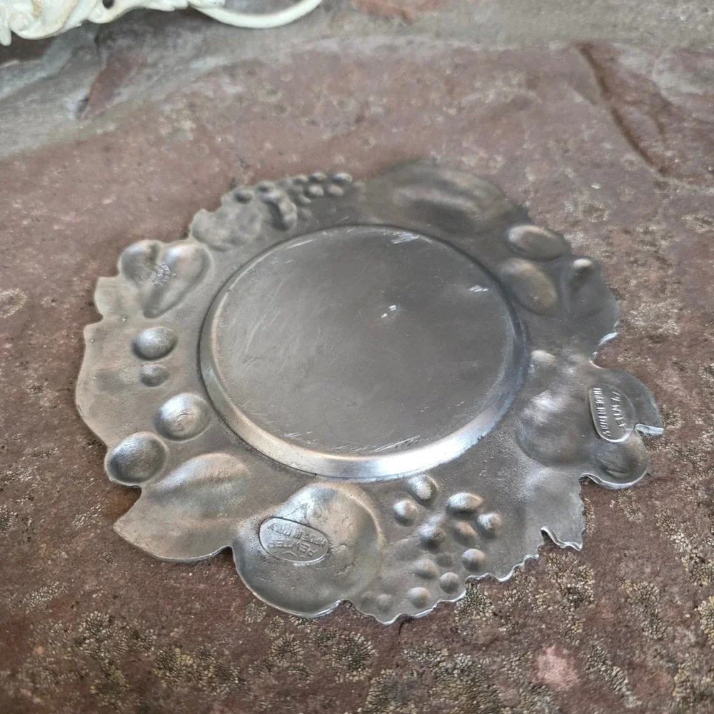 Vintage Italian Pewter Wine Bottle Coaster Embossed Fruit Harvest Made in Italy